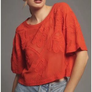 NWT! By Anthropologie Sheer Embroidered Boxy Top - Color: Bright Orange